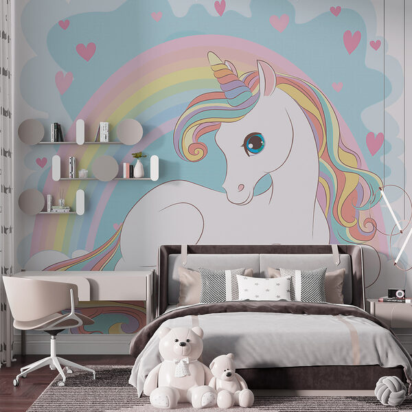 Unicorn stând pe un nor cu curcubeu și inimi Unicorn stând pe un nor cu curcubeu și inimi