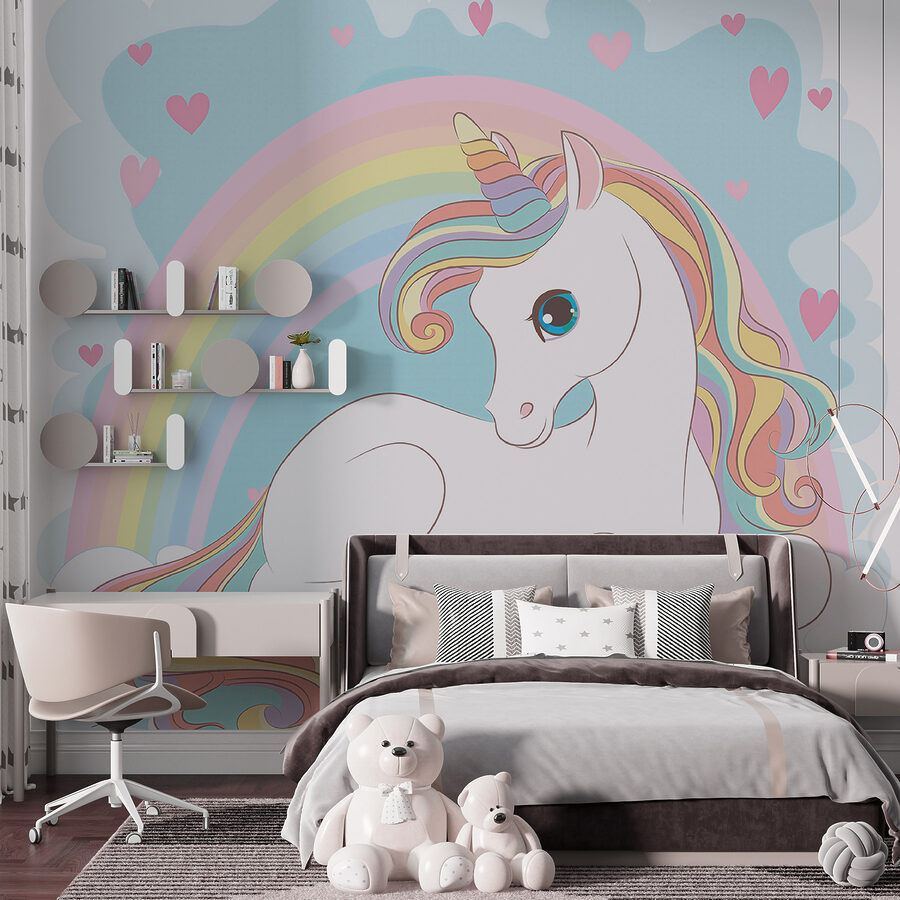 Unicorn stând pe un nor cu curcubeu și inimi Unicorn stând pe un nor cu curcubeu și inimi