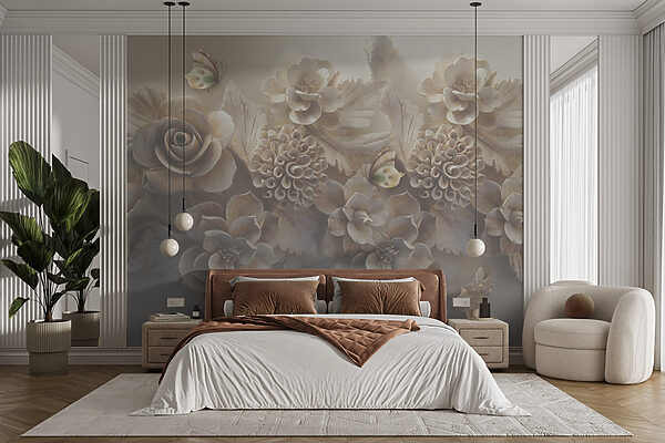 Group of white flowers and butterflies