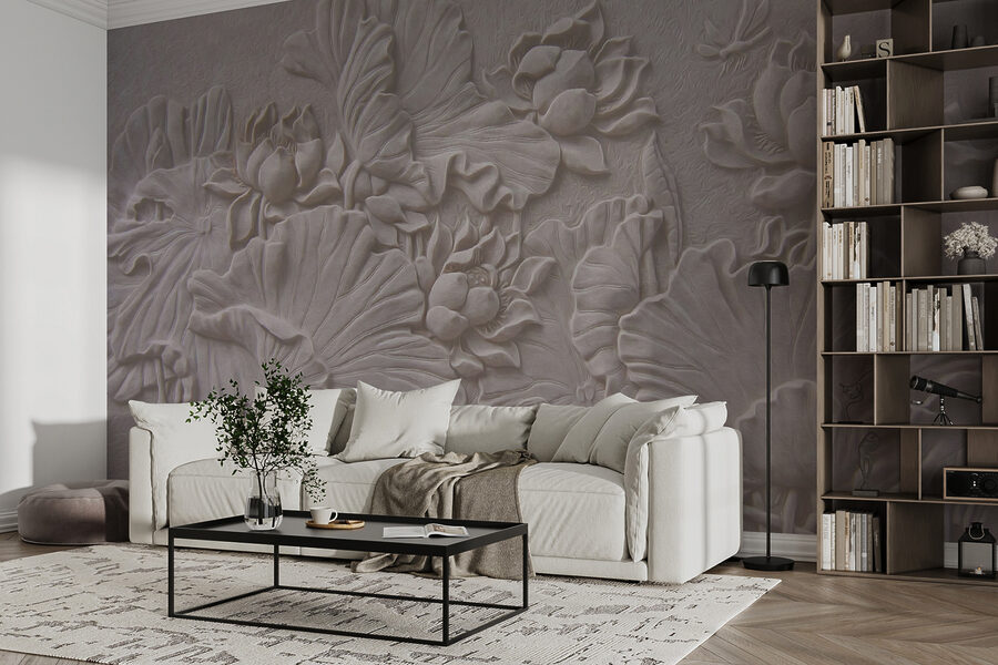 Fototapet Design floral elegant în relief de culoare bej. - imagine 2