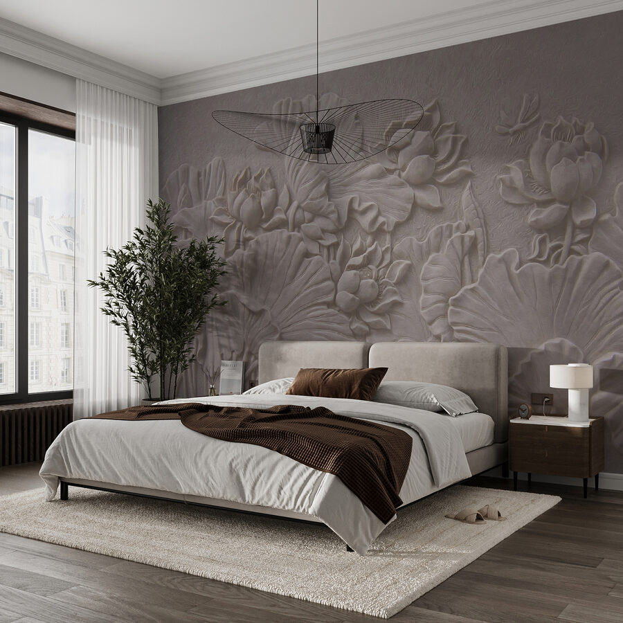 Fototapet Design floral elegant în relief de culoare bej. - imagine 3