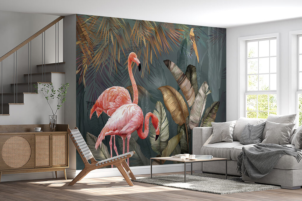 Pink flamingos and a bird in a forest