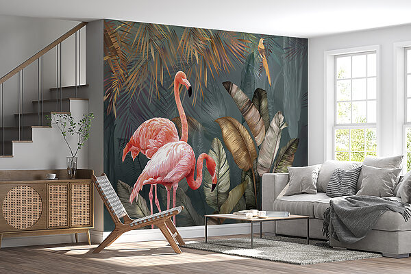 Flamingo roz și o pasăre într-o pădure Flamingo roz și o pasăre într-o pădure