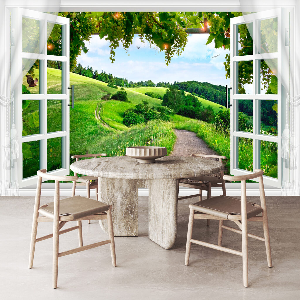 Window with open doors and a path through a grassy field Window with open doors and a path through a grassy field