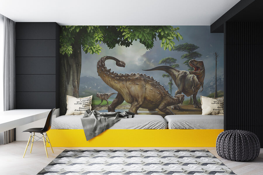Pictură de dinozauri lângă un râu