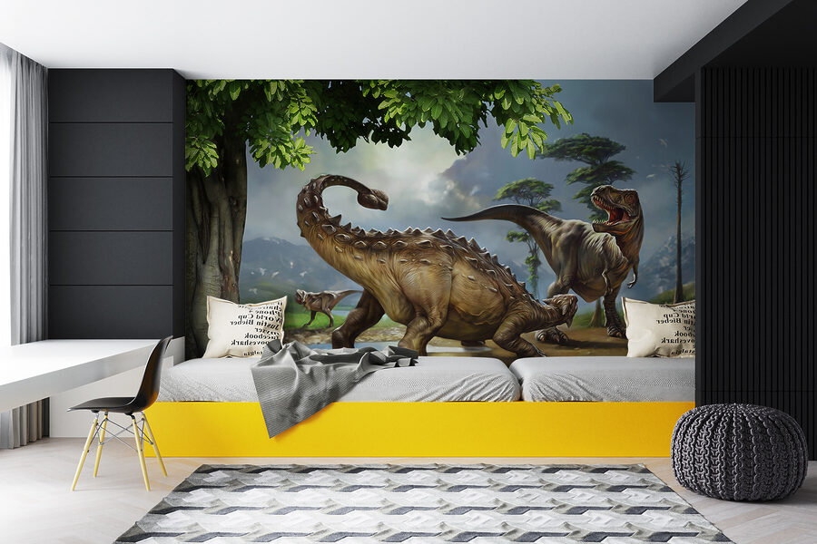 Pictură de dinozauri lângă un râu