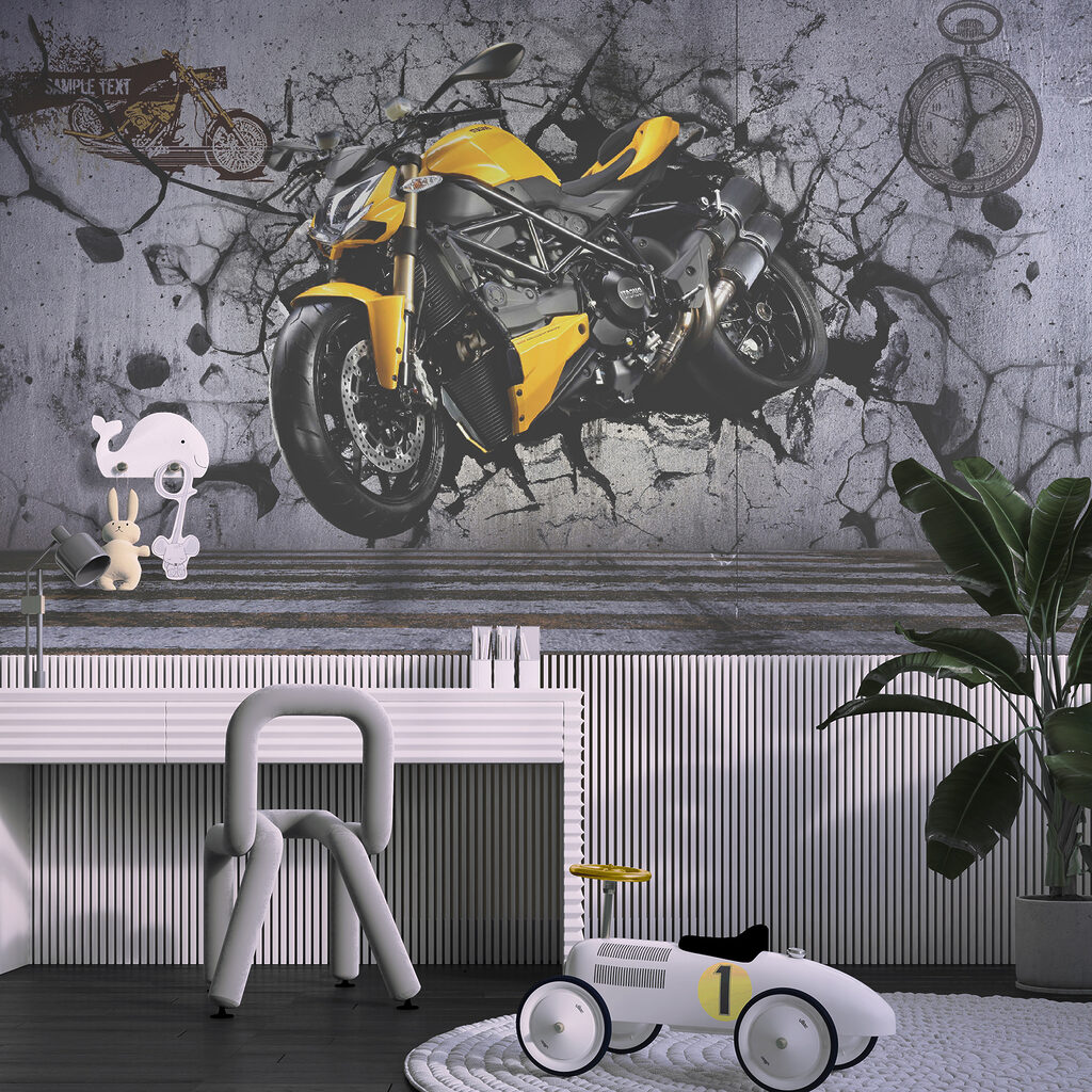 Yellow motorcycle on a wall