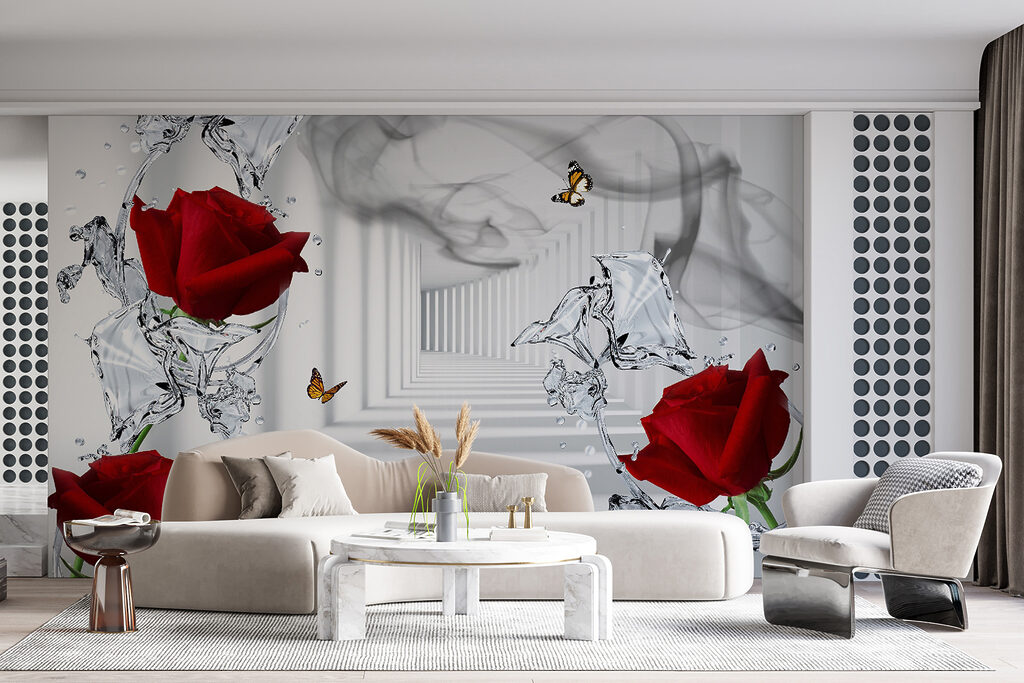 Red roses and butterflies in a glass