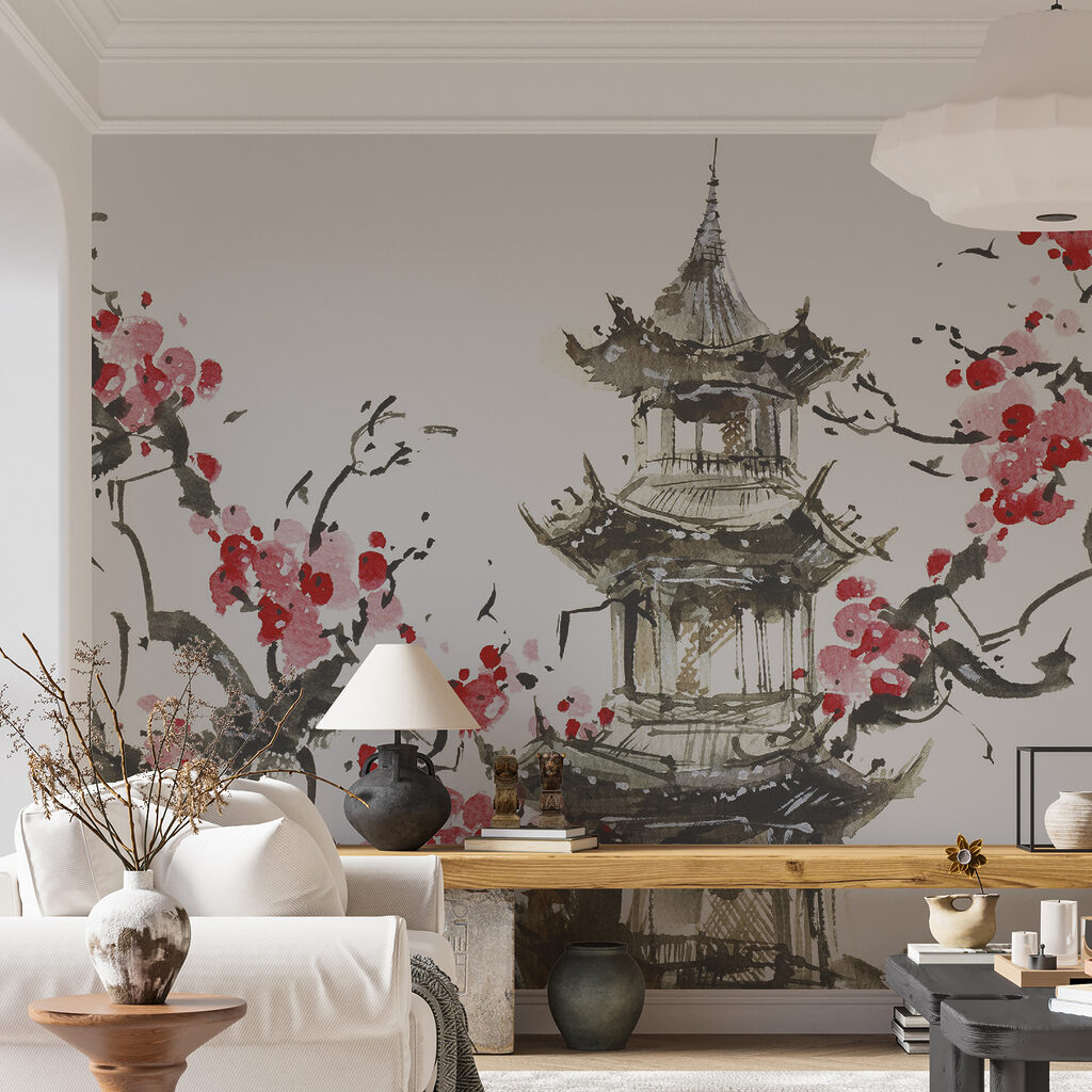 Painting of a pagoda and cherry blossoms