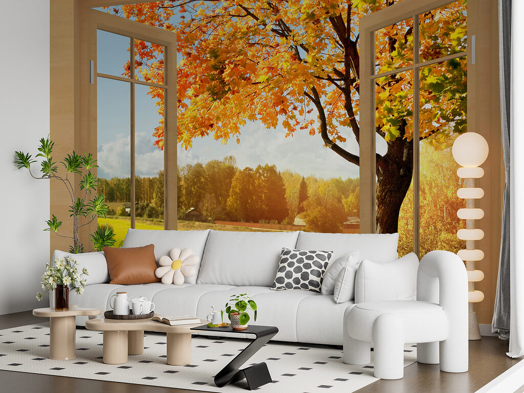 Window with trees and a river Window with trees and a river