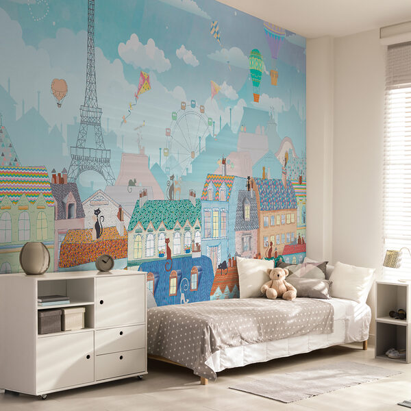 Cartoon city with many buildings and hot air balloons