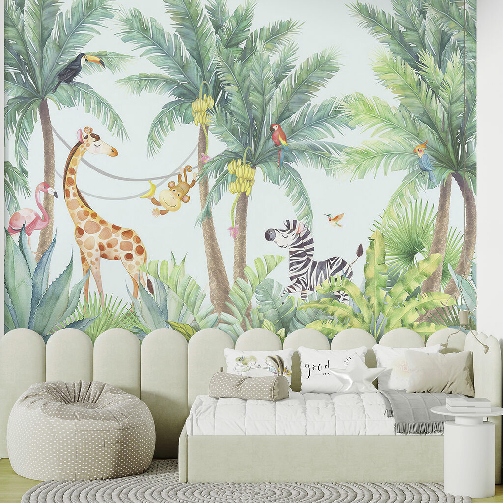 Giraffe and zebra in a jungle