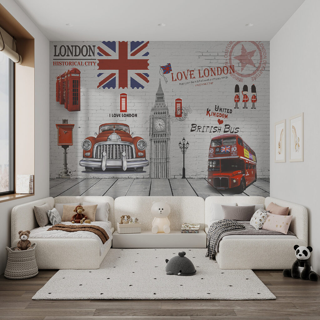 Red bus and a red bus painted on a wall