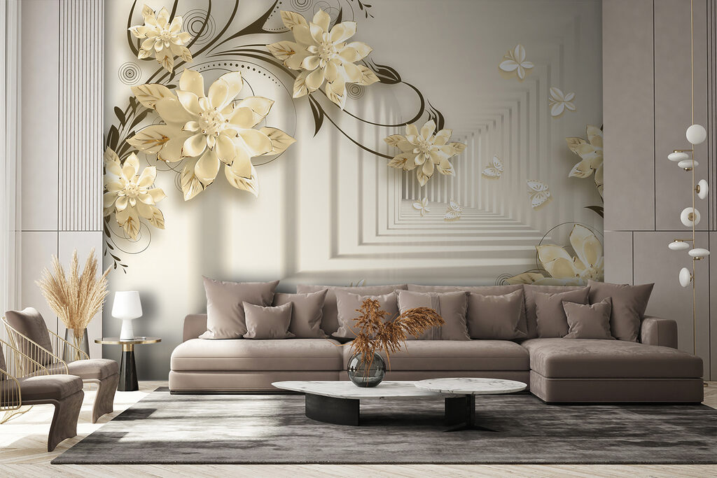 Wallpaper with flowers and butterflies