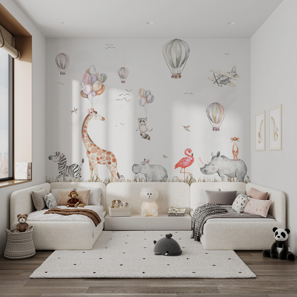 Wall mural of animals and hot air balloons