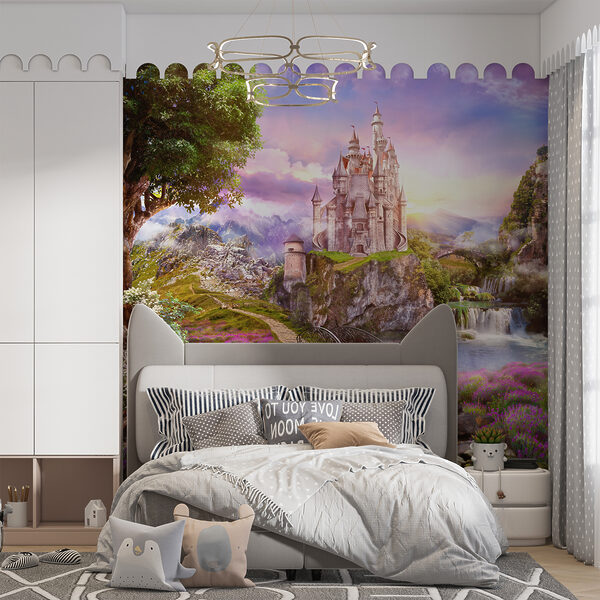 Castel pe o stâncă cu o cascadă și un pod Castel pe o stâncă cu o cascadă și un pod