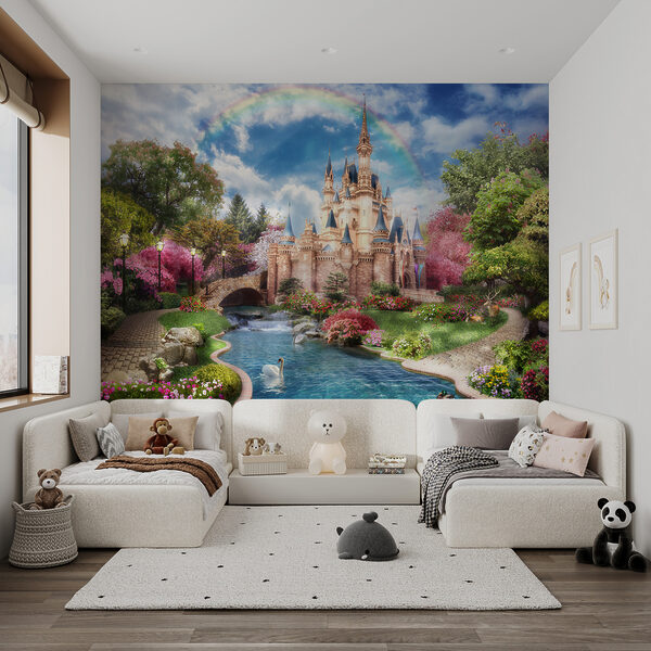 Castle with a pond and a rainbow