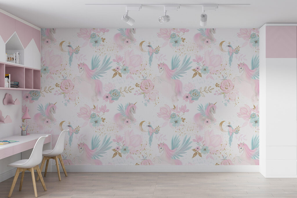 Pattern of pink and blue unicorns and flowers