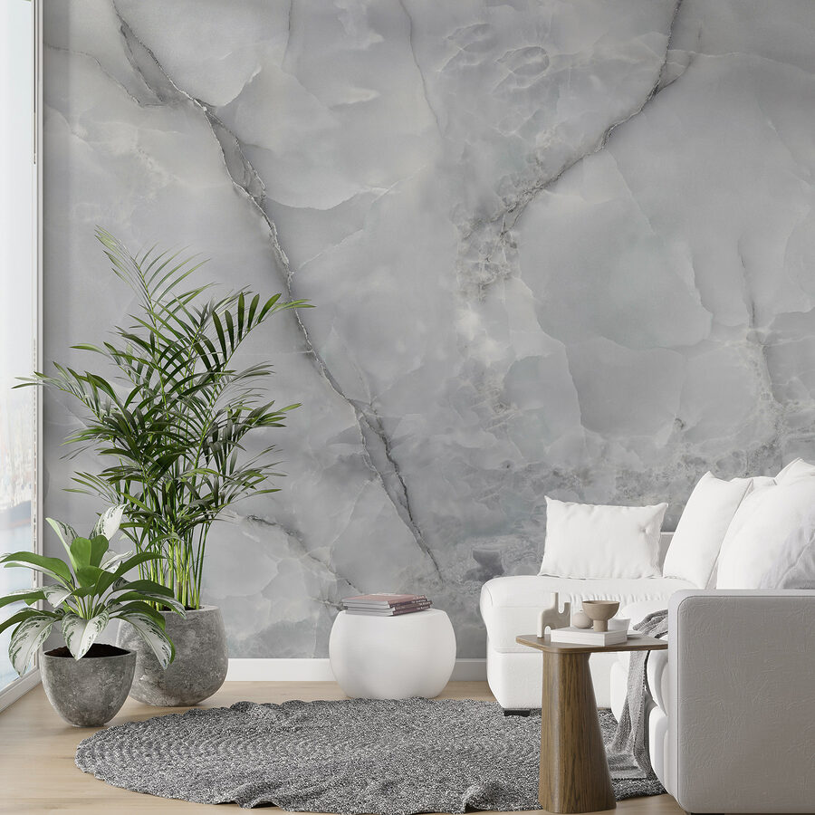 Design elegant, cu model de marmură în tonuri reci.