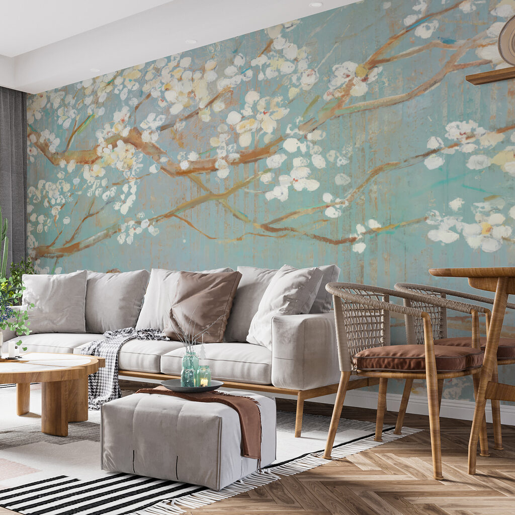 Painting of a tree branch with white flowers