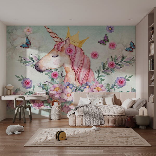 Acuarelă unicorn cu o coroană și flori Acuarelă unicorn cu o coroană și flori