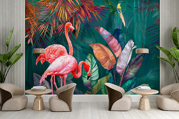 Flamingo și frunze colorate Flamingo și frunze colorate