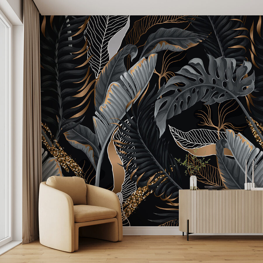 Frunziș tropical luxuriant cu accente strălucitoare.