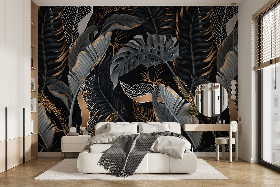 Frunziș tropical luxuriant cu accente strălucitoare.