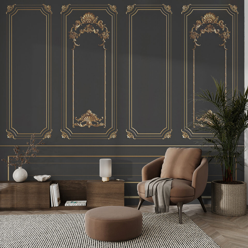 Elegant black panels with ornate accents Elegant black panels with ornate accents