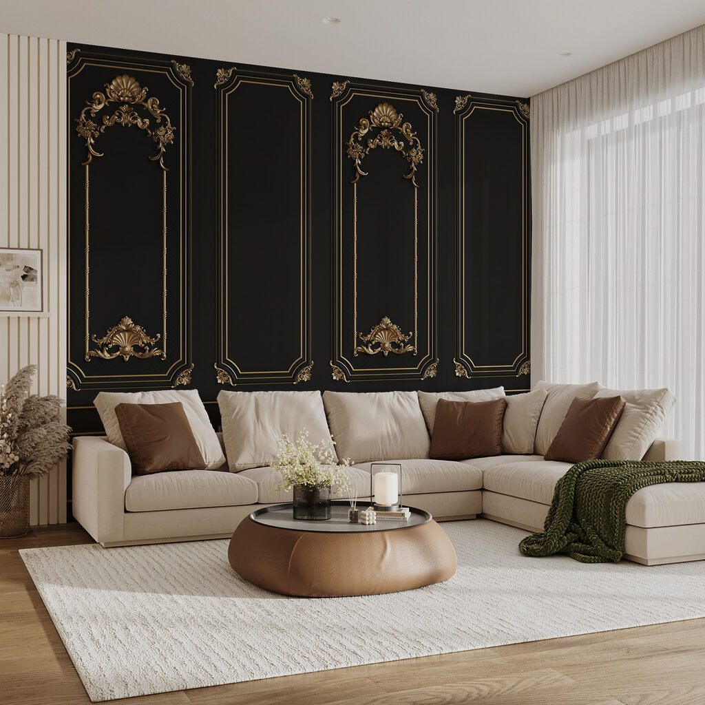 Elegant black panels with ornate accents Elegant black panels with ornate accents