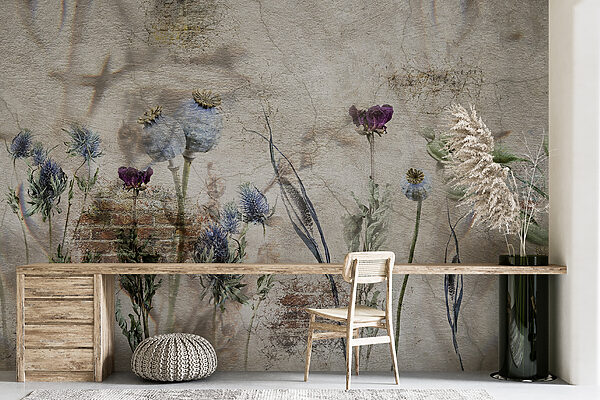 Wall with flowers and a brick wall