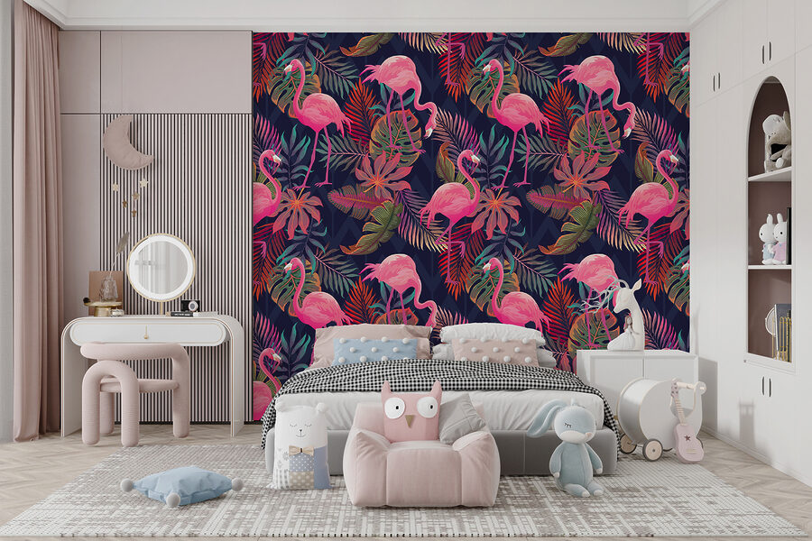 Un model de flamingo roz și frunze