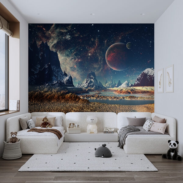 Peisaj de munți și apă cu planete și stele Peisaj de munți și apă cu planete și stele
