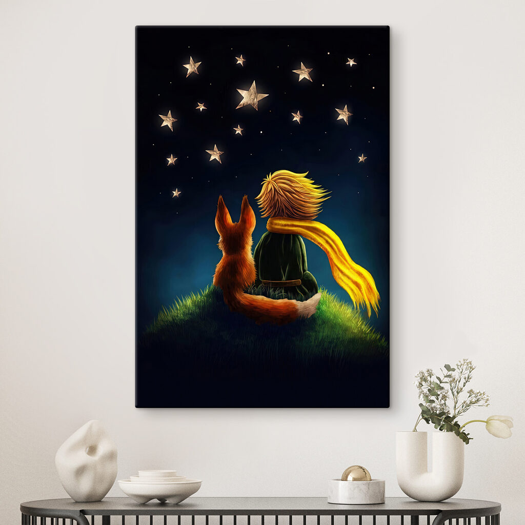 A fox and a little prince looking at stars