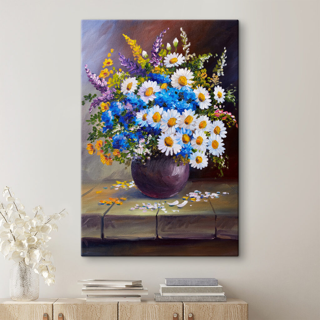 A painting of flowers in a vase