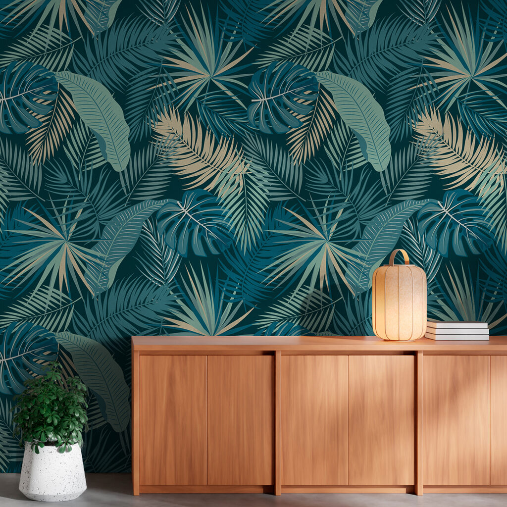 Pattern of leaves on a blue background