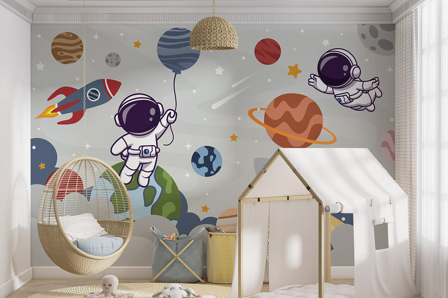 Desen animat astronaut în spațiu cu planete și rachetă zboară pe cer