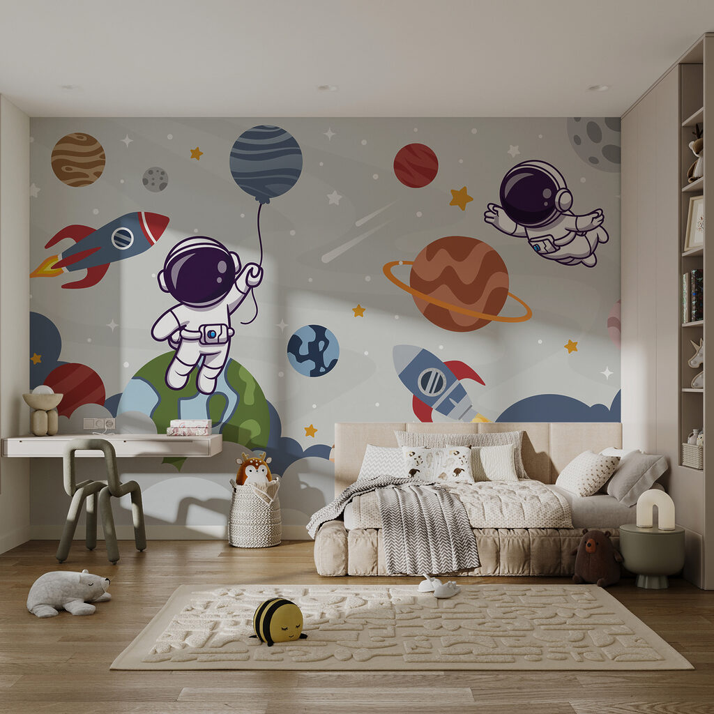 Cartoon astronaut in space with planets and rocket flying in the sky