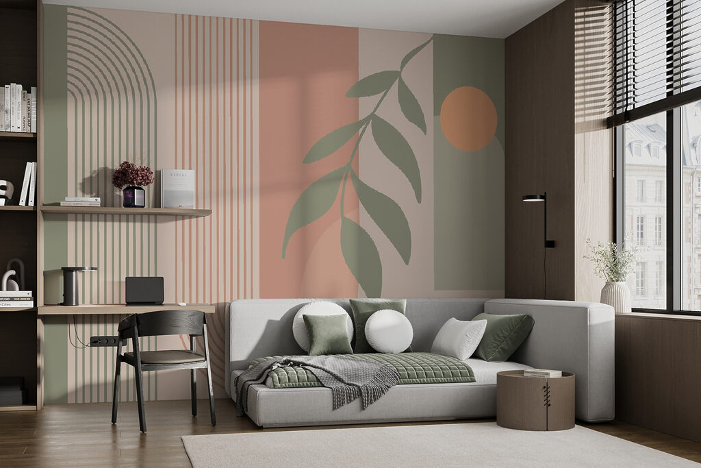 Green and pink lines and a leaf