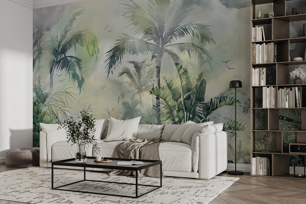 Foggy forest with palm trees