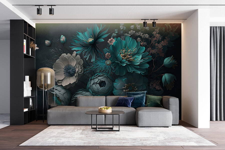 Aranjament floral elegant în tonuri reci.