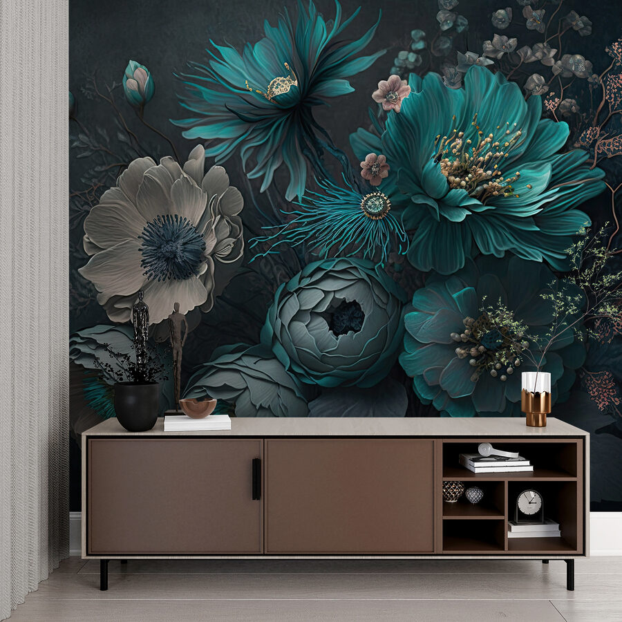 Aranjament floral elegant în tonuri reci.