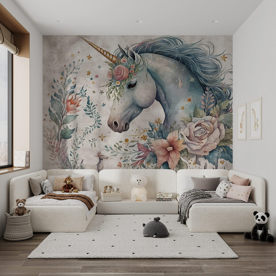 Unicorn cu flori și frunze