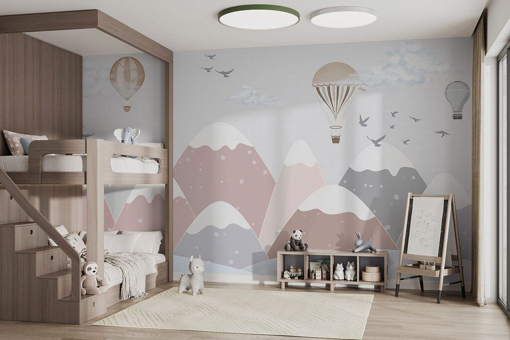 Hot air balloon flying over mountains