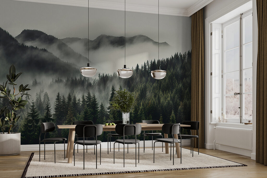 Forest with fog and mountains