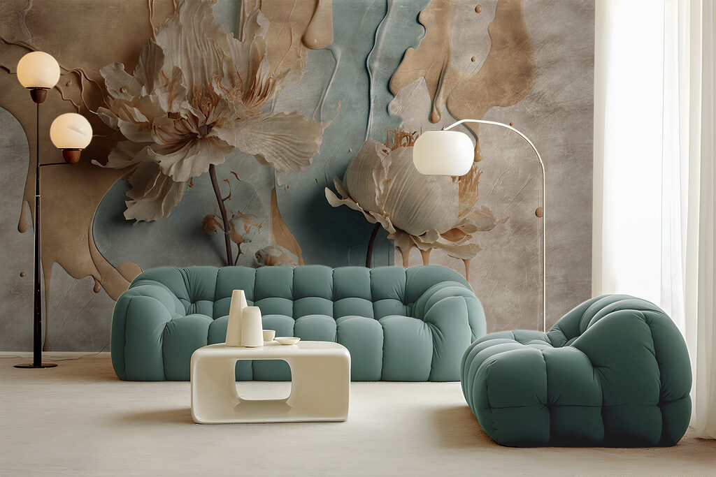 White flowers on a blue and white background