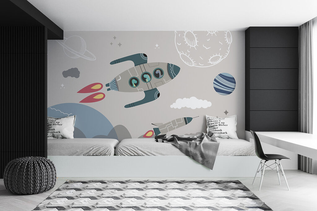 Cartoon rocket ship and rockets in the sky