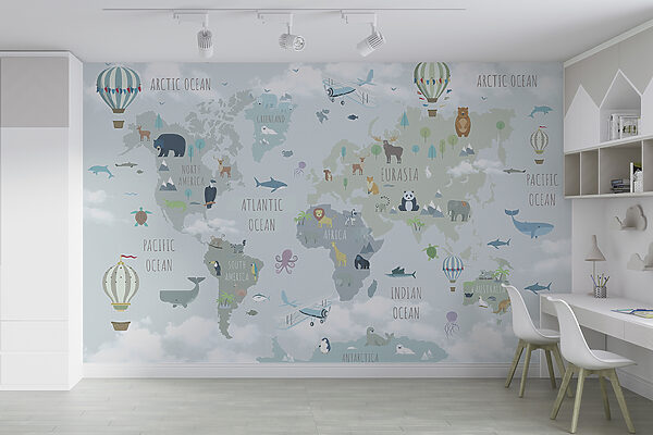 Map of the world with animals and birds