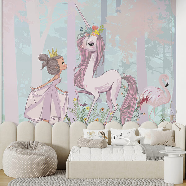 Un desen animat de o fată și un unicorn într-o pădure Un desen animat de o fată și un unicorn într-o pădure