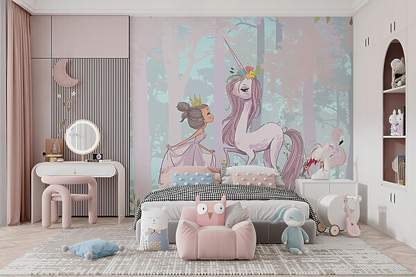 Un desen animat de o fată și un unicorn într-o pădure Un desen animat de o fată și un unicorn într-o pădure